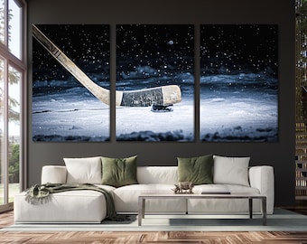 Decoración de pared con arte de hockey: arte de pared de hockey moderno, obra de arte de hockey sobre lienzo, impresión de hockey grande, decoración de hockey para habitación de niños, regalo para amantes del hockey