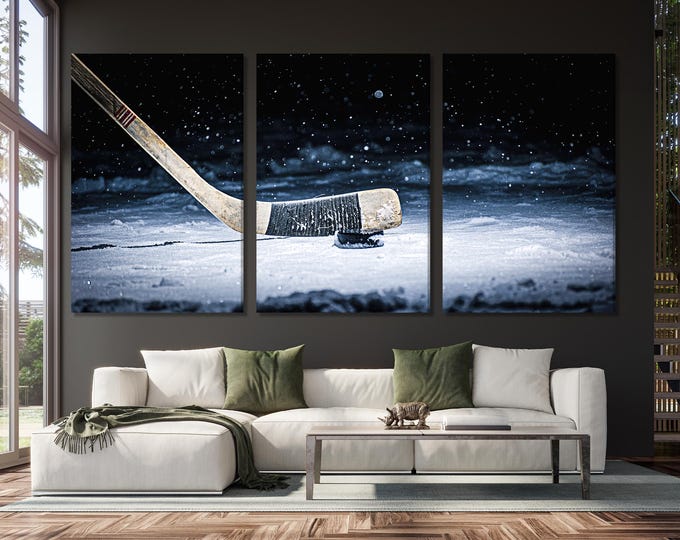 Hockey Art Wall Decor - Modern Hockey Wall Art, Hockey Artwork on Canvas, Large Hockey Print, Hockey Decor for Boys Room, Hockey Lover Gift