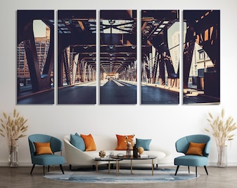Urban Chicago Bridge Canvas Print, Large Urban Office Wall Art, Industrial Architecture Artwork, Modern Urban Art Print, Chicago Wall Decor