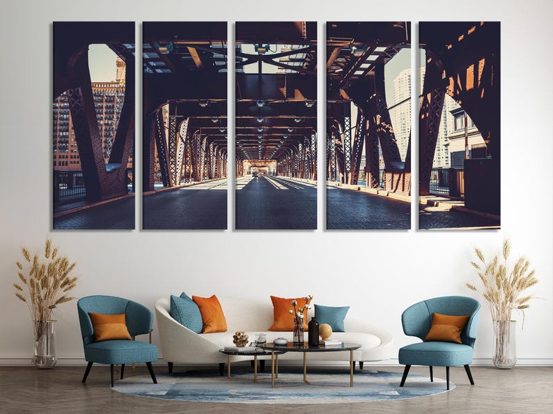 Multi-panel photo of an industrial steel bridge walkway with repeating beams and warm light, viewed in perspective