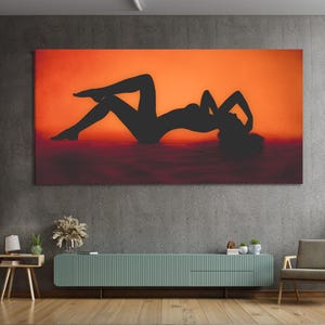 Female Silhouette Wall Art Boudoir Canvas Print Sexy Woman Artwork Orange Minimalist Decor Modern Gift for Couples Bedroom Living Room