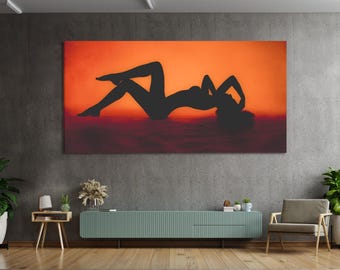 Female Silhouette Wall Art Boudoir Canvas Print Sexy Woman Artwork Orange Minimalist Decor Modern Gift for Couples Bedroom Living Room