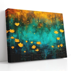 Teal & Golden Lotus Floral Canvas Art – Abstract Turquoise Bloom Painting, Modern Boho Nature Wall Decor for Living Room, Gift for Mom