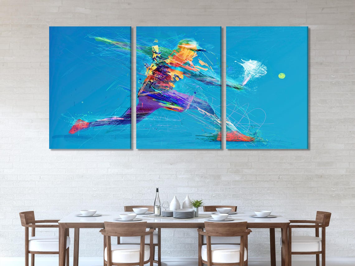 Room mockup with a large abstract tennis player artwork on a wall above a sofa