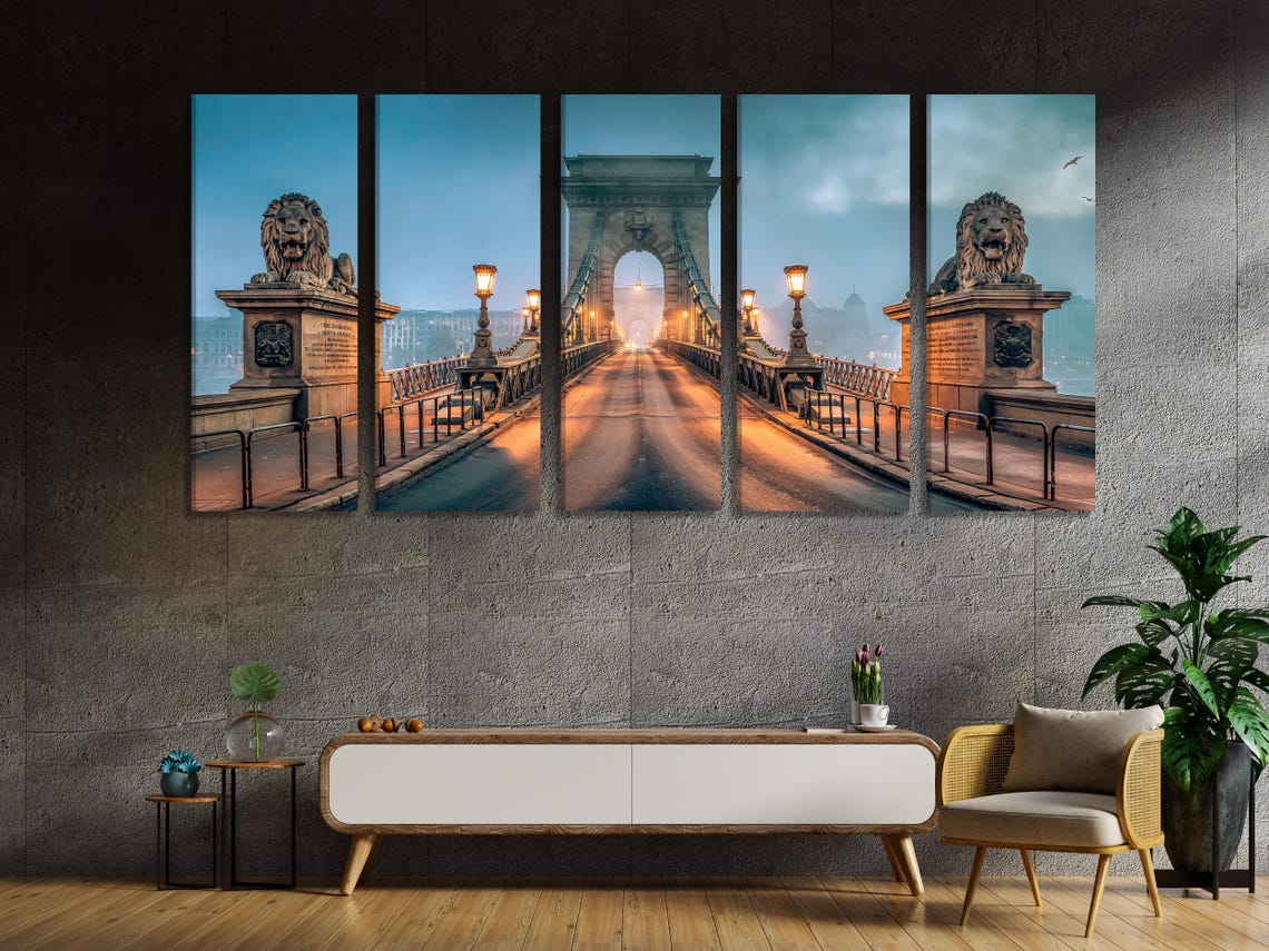 Three-panel misty bridge cityscape at dusk with warm lamps and lion sculptures on pillars detail view