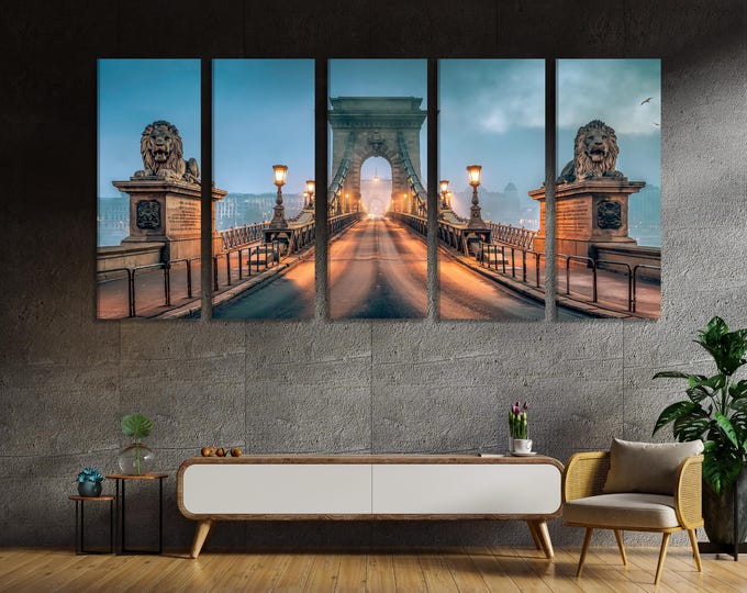 Chain Bridge Wall Art, Budapest Landmark Canvas Print, Morning Fog Cityscape Decor, Iconic Hungarian Bridge Artwork for Living Room / Office