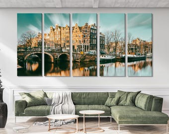 Amsterdam Canal Canvas Print, Large Cityscape Wall Art, Charming Dutch Architecture Artwork, Modern Urban Art Print, Scenic Wall Decor