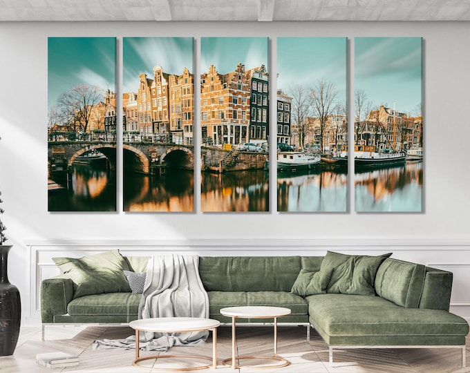 Amsterdam Canal Canvas Print, Large Cityscape Wall Art, Charming Dutch Architecture Artwork, Modern Urban Art Print, Scenic Wall Decor