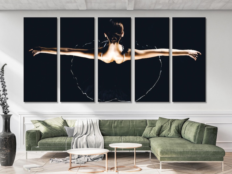 Monochrome multi-panel ballet dancer portrait with outstretched arms against a dark background