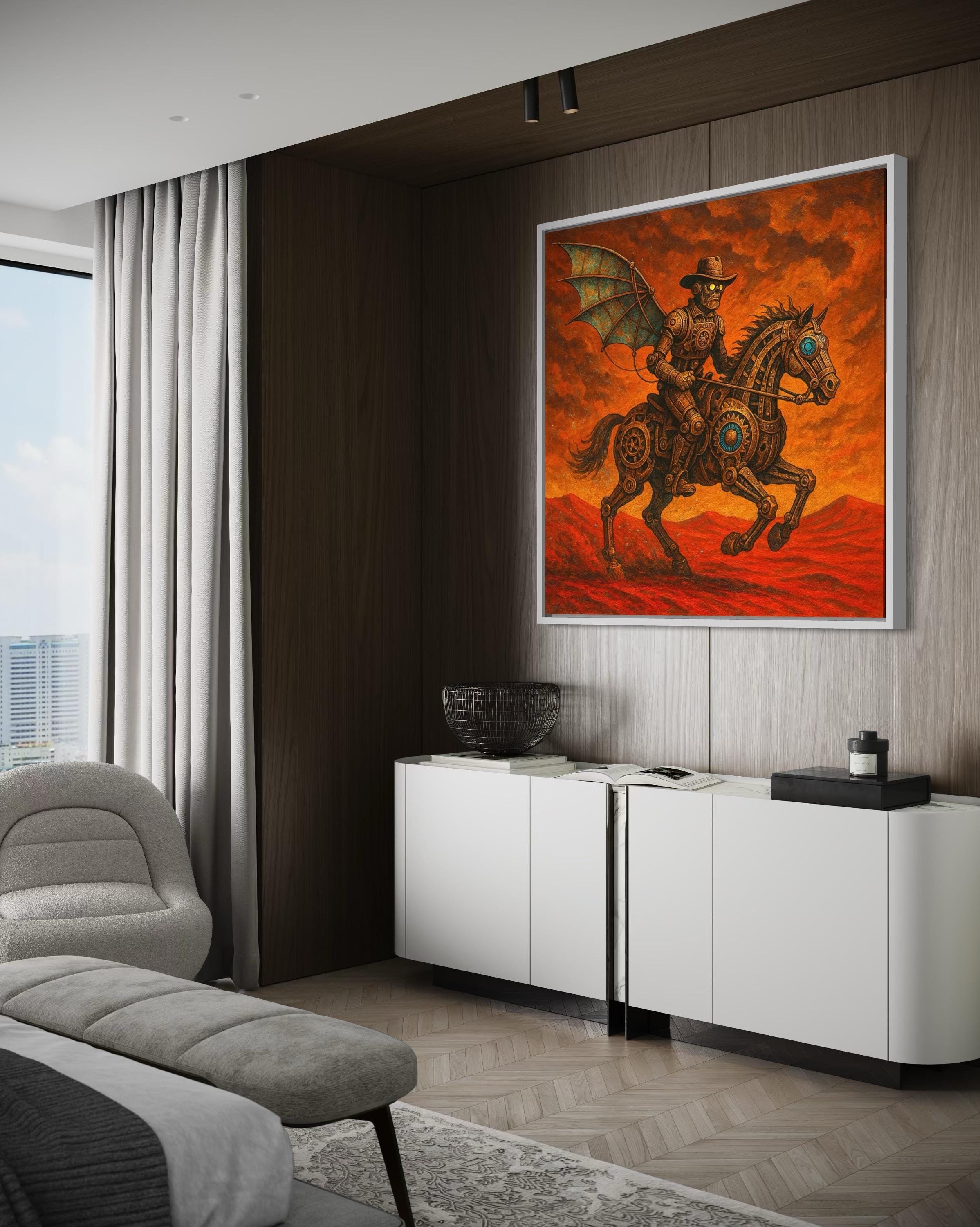 Steampunk cowboy riding a mechanical horse in a fiery orange and red desert scene with turquoise accents detail view