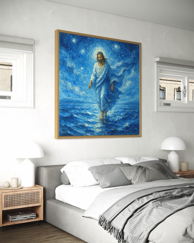 Jesus walking on water under a starry night blue sky with a glowing halo
