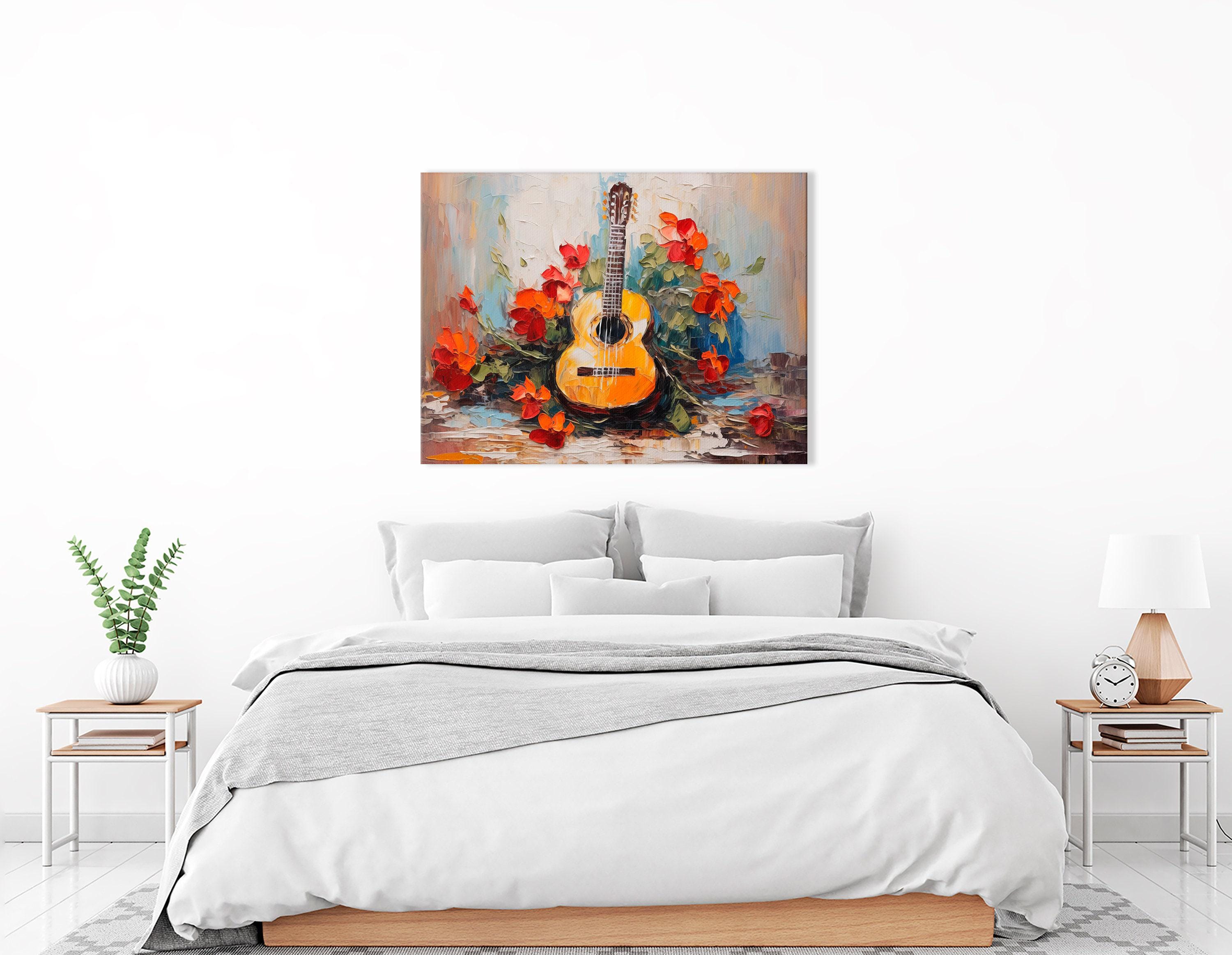 A textured guitar illustration is surrounded by vivid red orange flowers and green leaves on a light, painterly background with layered impasto marks