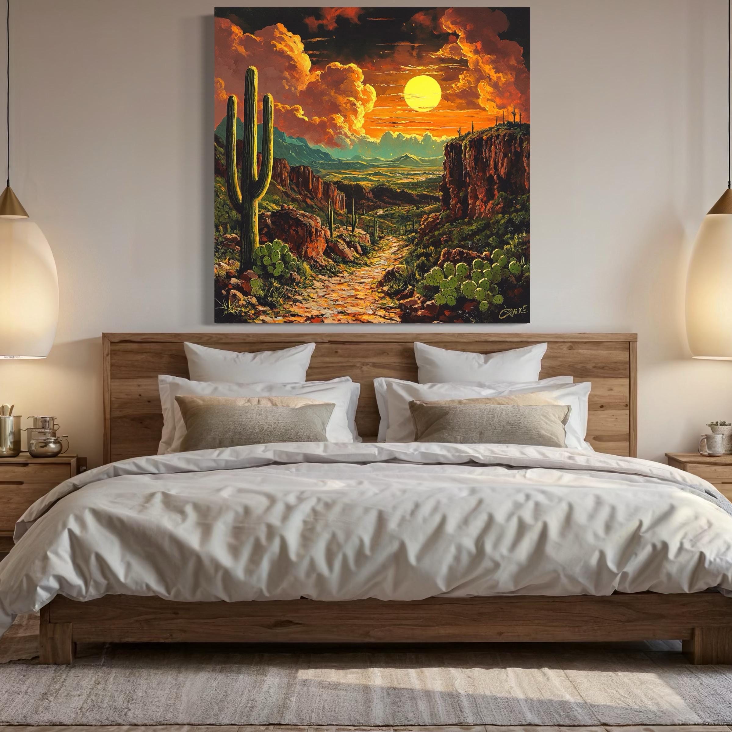 Desert sunset landscape wall art above a bed in a bright room