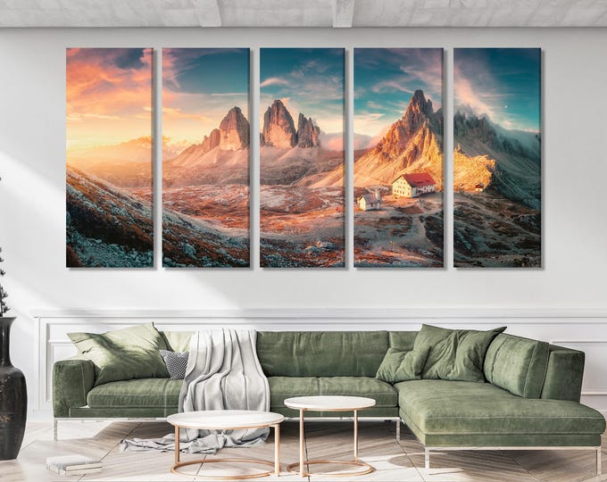 Dolomites Landscape Wall Art - Tre Cime di Lavaredo Canvas Print, XXL Mountain Sunset Artwork, Italian Alps Decor, Alpine Nature Scene Print
