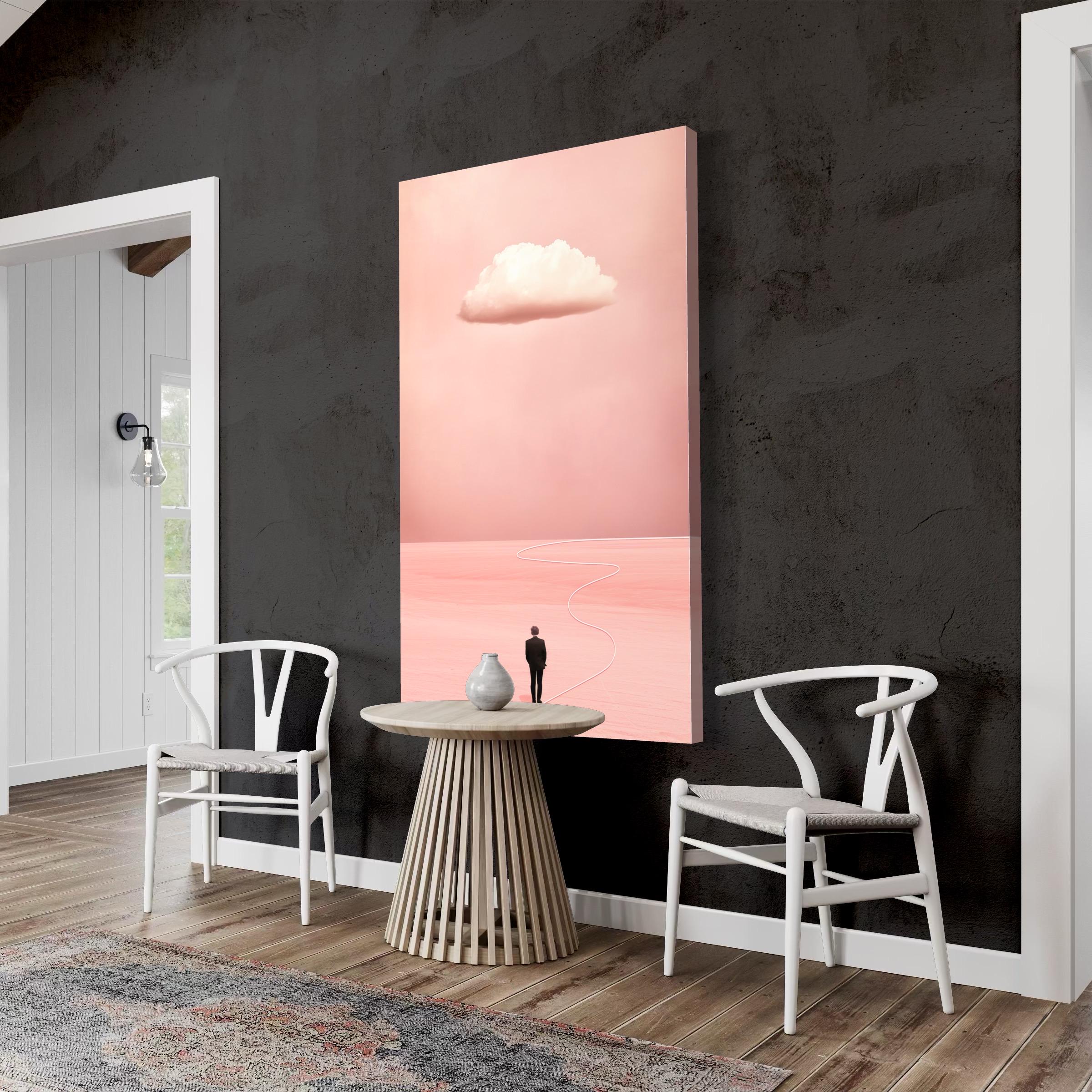 Room mockup showing blush pink cloud artwork above two red armchairs
