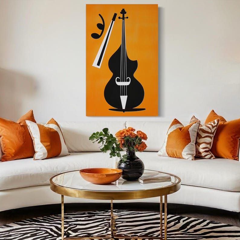 Stylised black double bass with a diagonal bow on a warm orange background