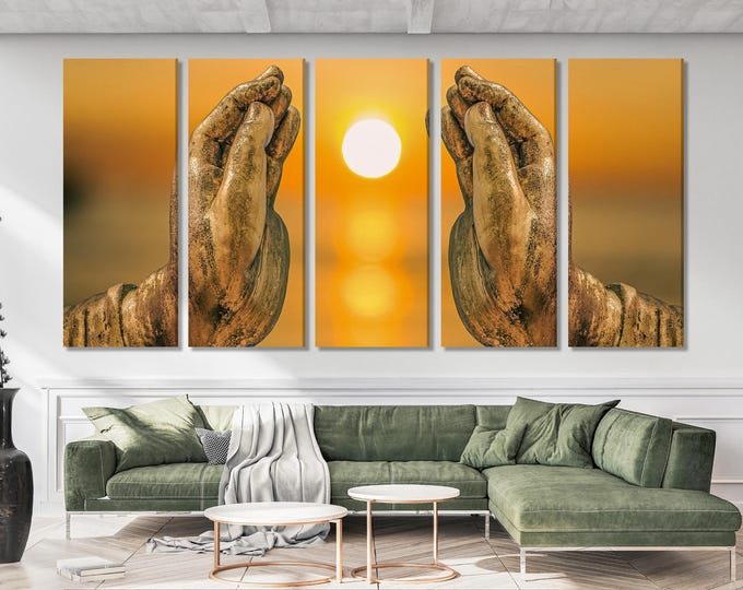 Buddha Hand Wall Art – Zen Sunset Canvas Print, Warm Tone Spa Wall Art, Large Meditative Wall Decor for Yoga Studio or Zen-Inspired Spaces