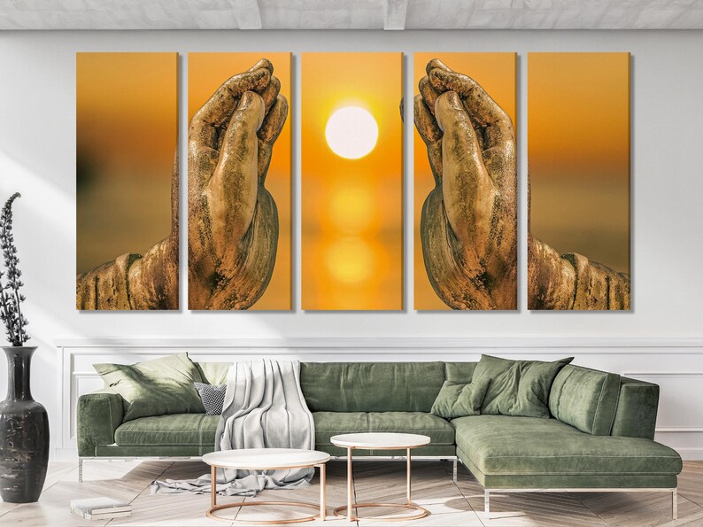 Golden Buddha hands praying with a glowing sun on warm orange sunset background in a multi-panel artwork