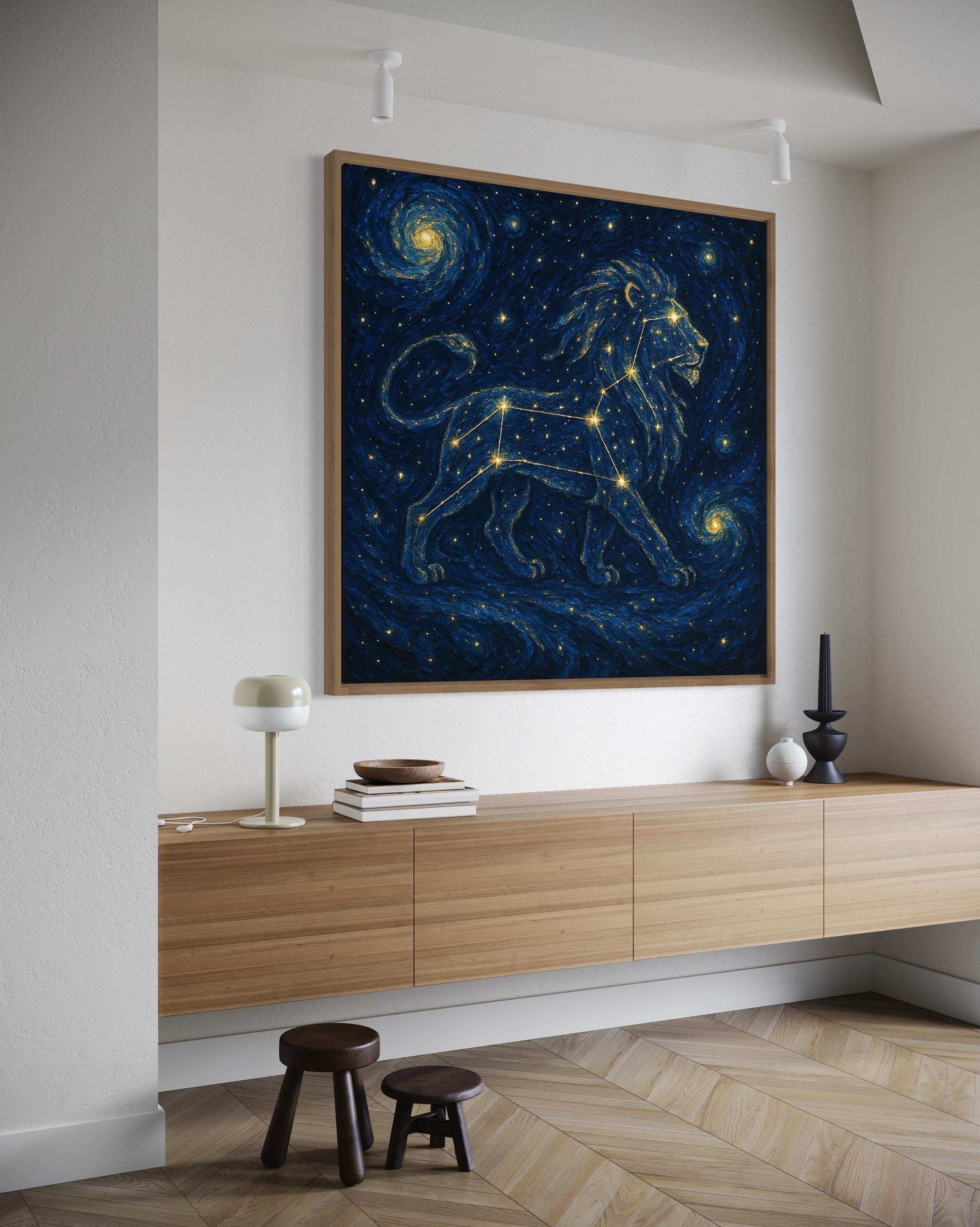 Artwork of a gold constellation lion head in a deep navy starry background above a sideboard