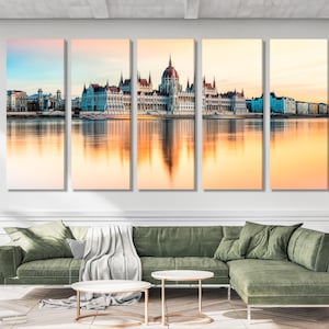 Budapest Parliament Canvas Print – Modern Soft Sunset Cityscape Wall Art of Hungary’s Iconic Landmark for Home or Office Wall Decor