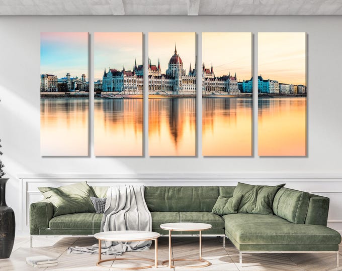 Budapest Parliament Canvas Print – Modern Soft Sunset Cityscape Wall Art of Hungary’s Iconic Landmark for Home or Office Wall Decor