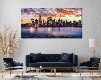 New York City Skyline Canvas Print – Majestic Sunset Over Manhattan, Large Urban Wall Art for Modern Home or Office Decor