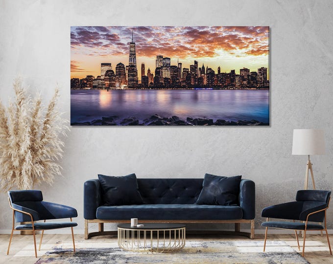 New York City Skyline Canvas Print – Majestic Sunset Over Manhattan, Large Urban Wall Art for Modern Home or Office Decor