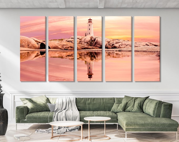 Peggy’s Cove Lighthouse Canvas Print, Large Sunset Wall Art, Oversized Nova Scotia Coastal Artwork for Canadian Home Interior Wall Decor