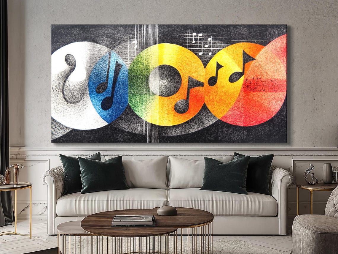 Three vibrant abstract panels show large music-note shapes over black speckled and geometric grids, with circular colour fields in blue, yellow and