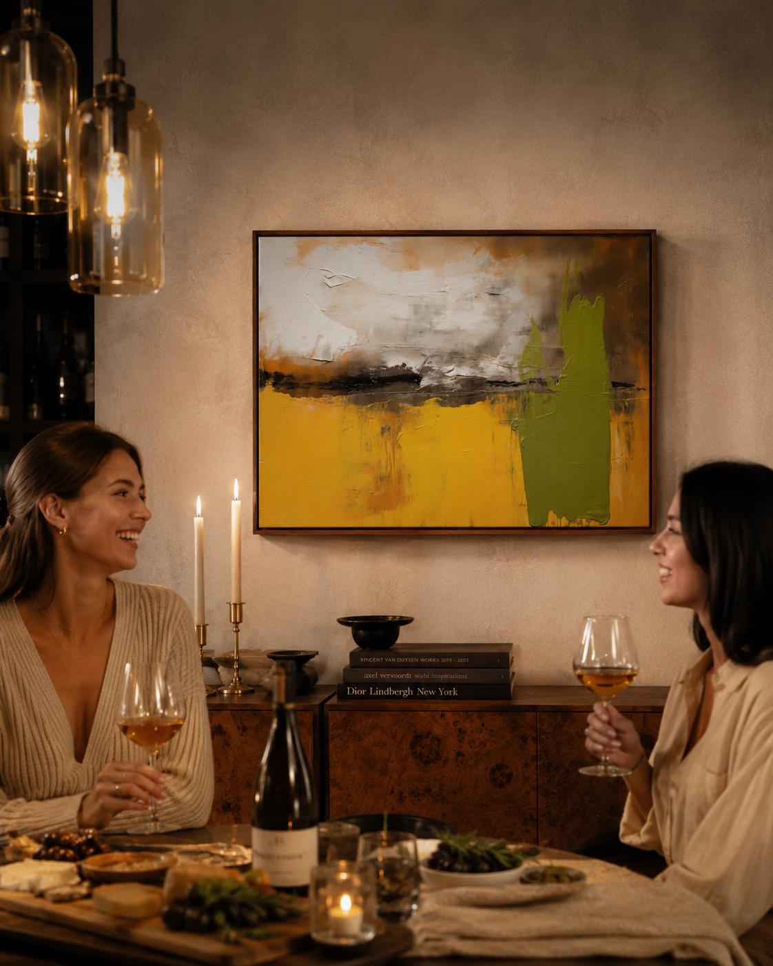 Abstract painting in mustard yellow, olive green, cream and dark charcoal with textured brush marks detail view
