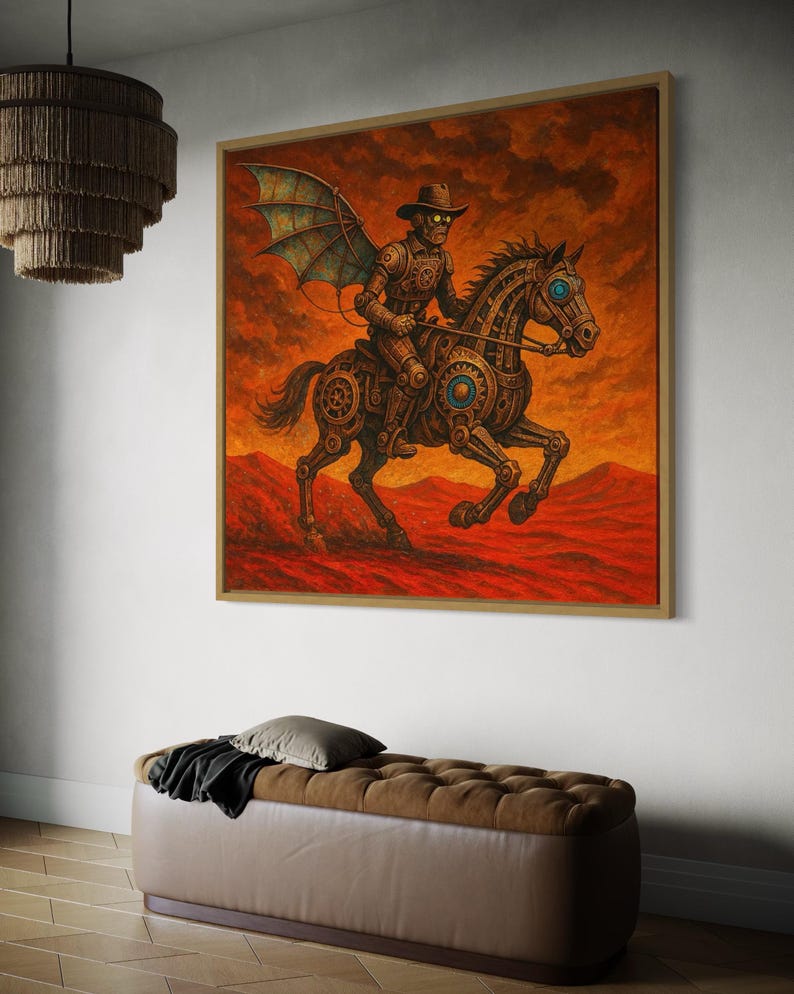 Steampunk cowboy riding a mechanical horse in a fiery orange and red desert scene with turquoise accents