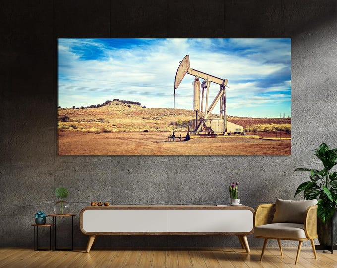 Texas Oil Pump Jack Canvas Print - Desert Oilfield Wall Art & Rustic Blue Sky Landscape Canvas, 5 Panel Office Decor, Industrial Energy Gift