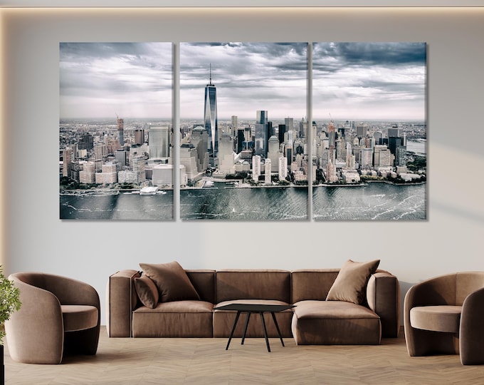New York City Skyline Canvas Print – Modern NYC Wall Art, Aerial View of Manhattan, Urban Cityscape Decor for Living Room or Office