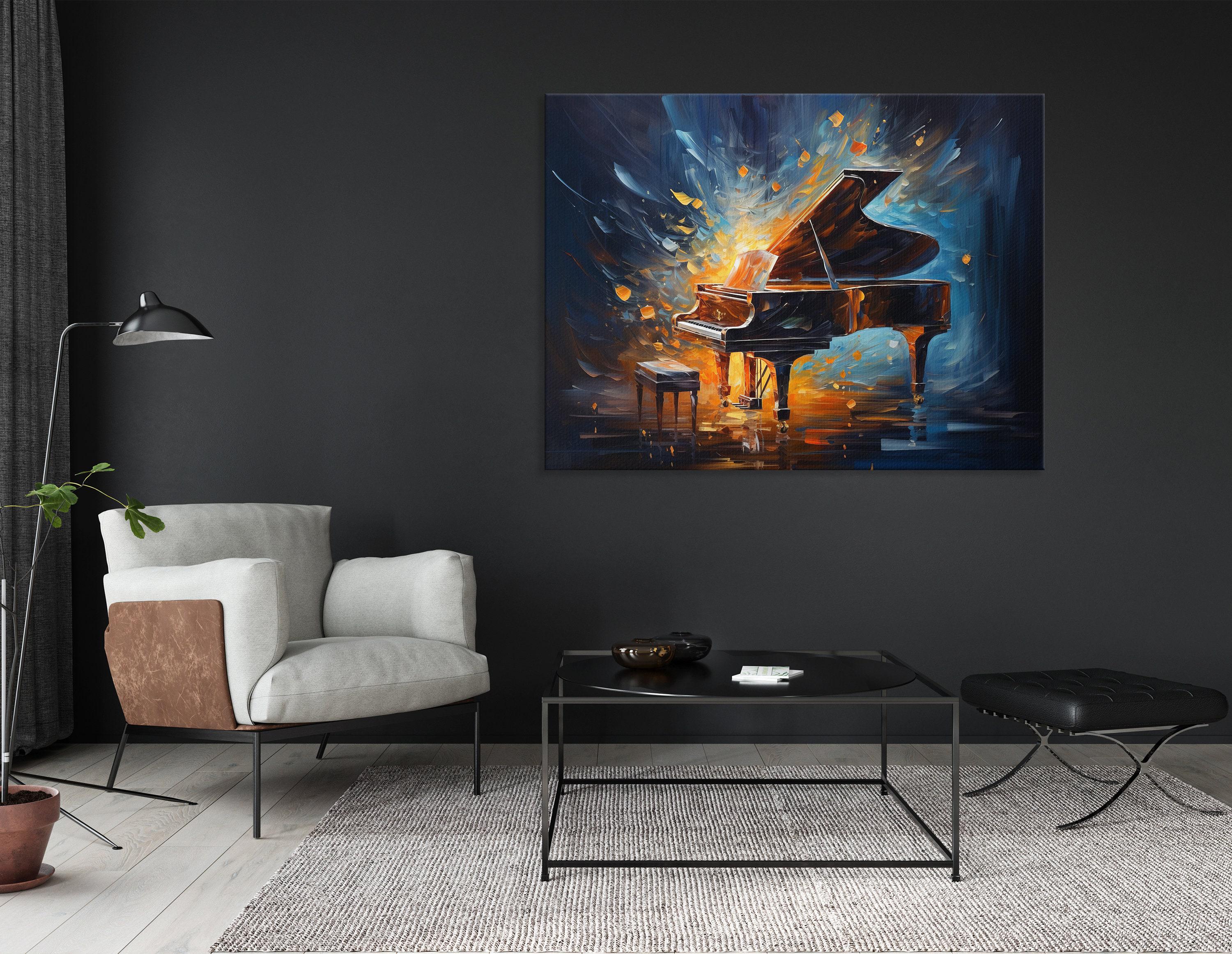 Dramatic grand piano artwork with amber glow and midnight blue flying fragments detail view