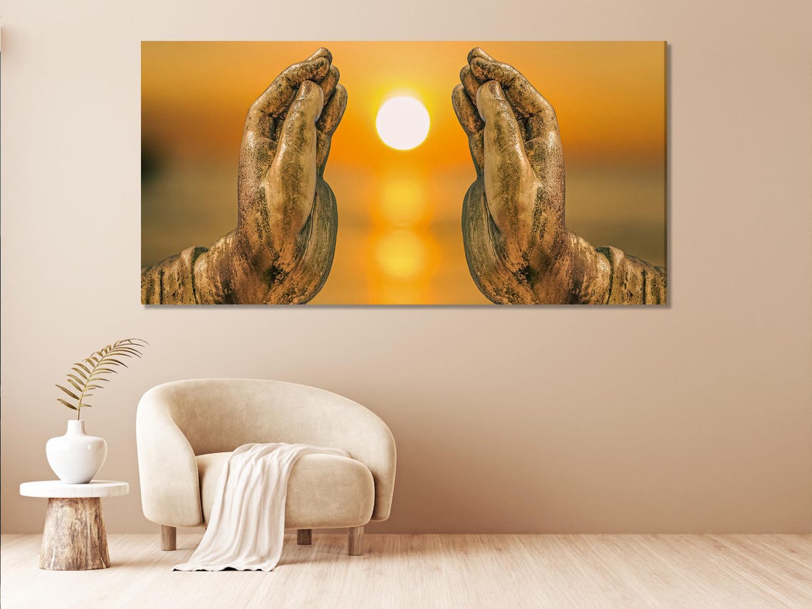 Golden Buddha hands praying with a glowing sun on warm orange sunset background in a multi-panel artwork detail view