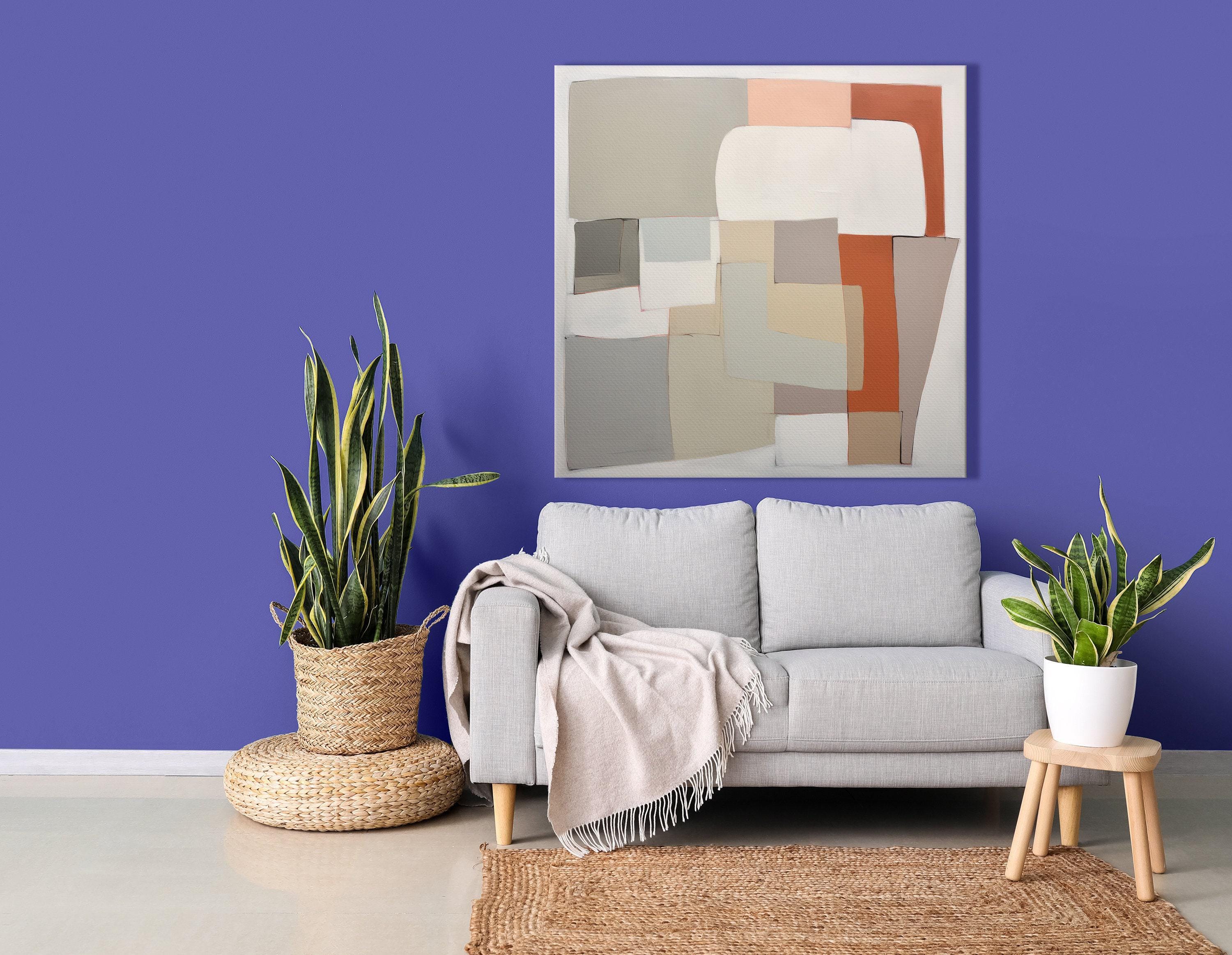 Neutral geometric abstract artwork with layered rectangles in cream, sage green and terracotta accents detail view
