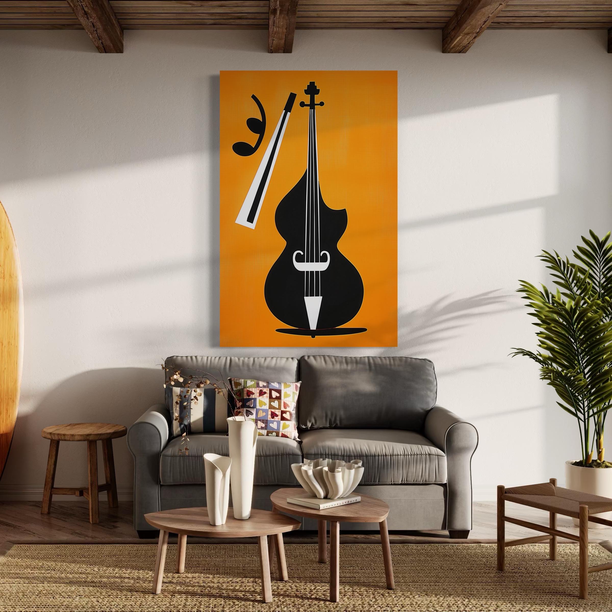 A living room mockup with an orange and black double bass artwork above a sofa