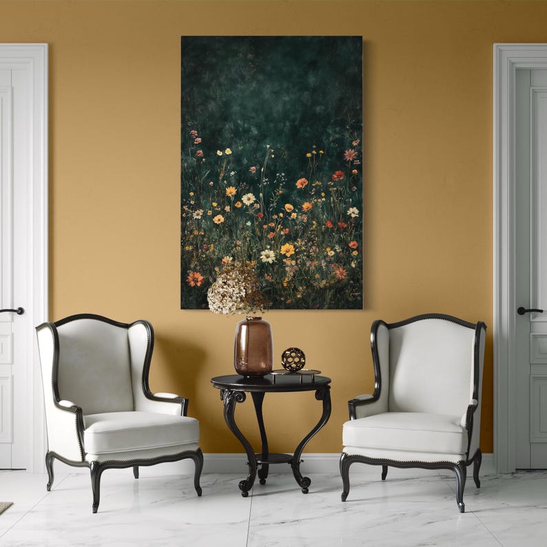 Wildflower meadow painting with many small blossoms against a dark green background