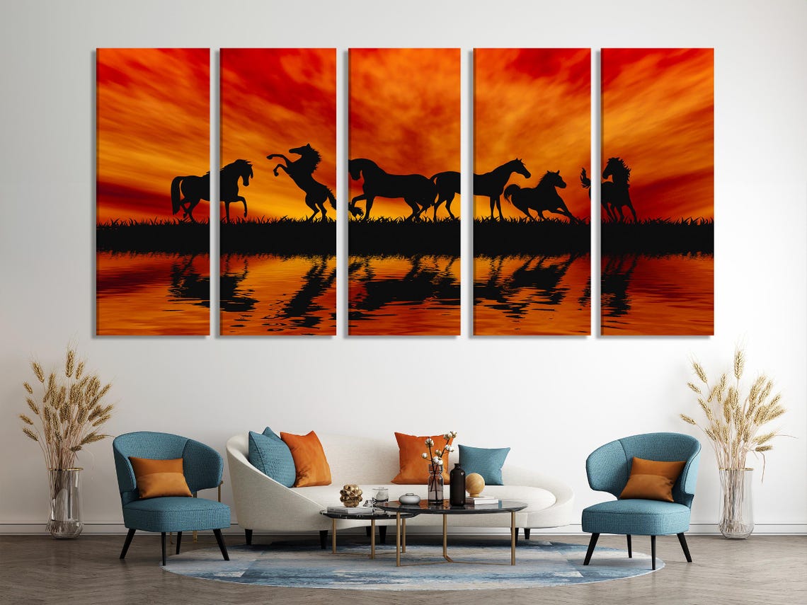 Room mockup showing a large horses sunset silhouette artwork above a bed and sofa area