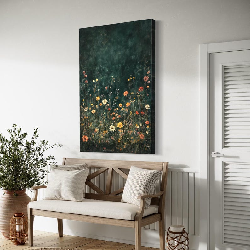Wildflower meadow painting with deep green foliage and scattered coral, peach and cream flowers