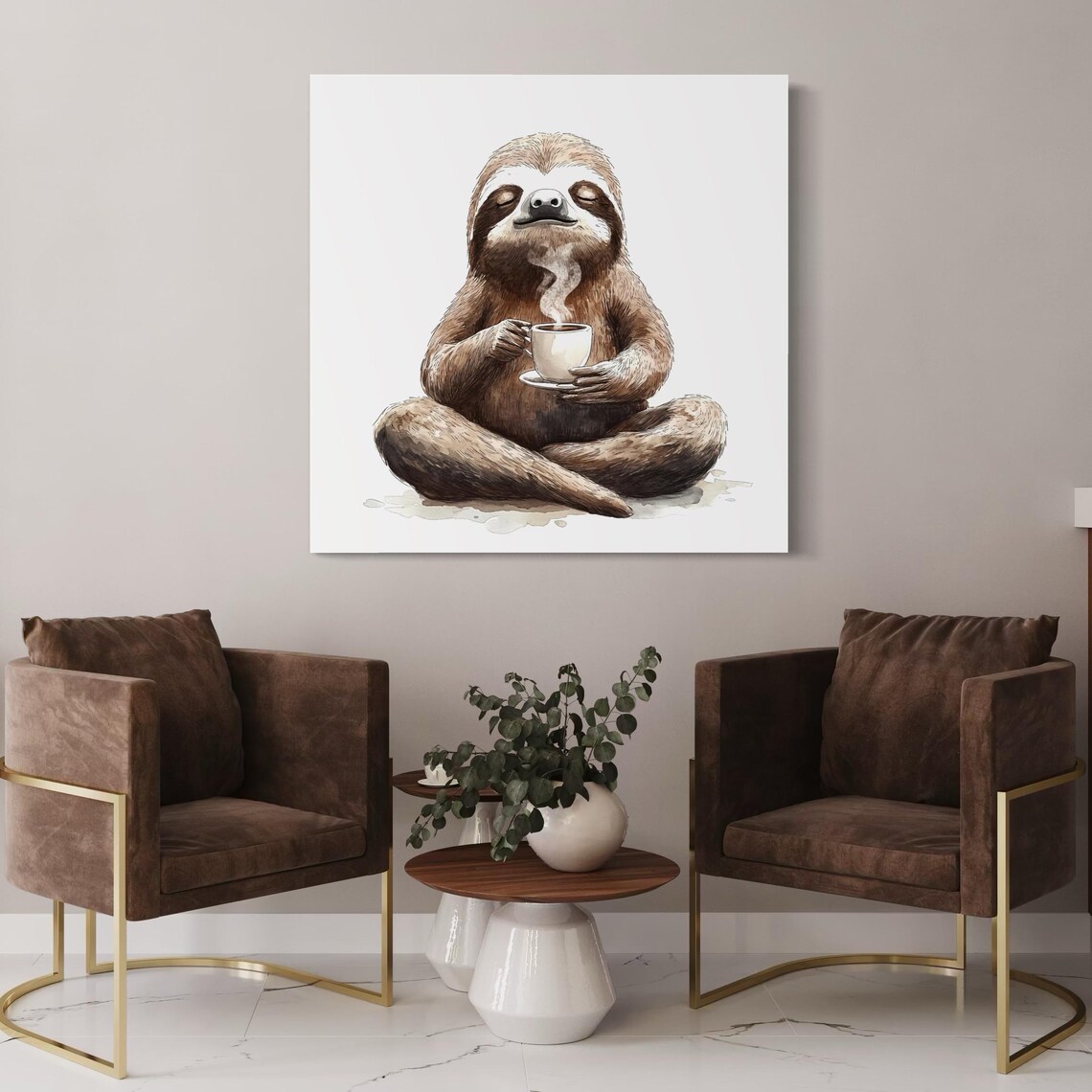 Illustration of a sloth holding a cup of coffee with steam, in warm brown and cream tones on a light grey background detail view