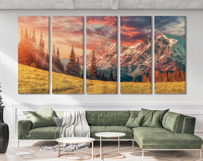 Mountain Sunrise Canvas Print – Majestic Landscape Wall Art, Golden Meadow and Snow-Capped Peaks, Nature-Inspired Decor for Living Room