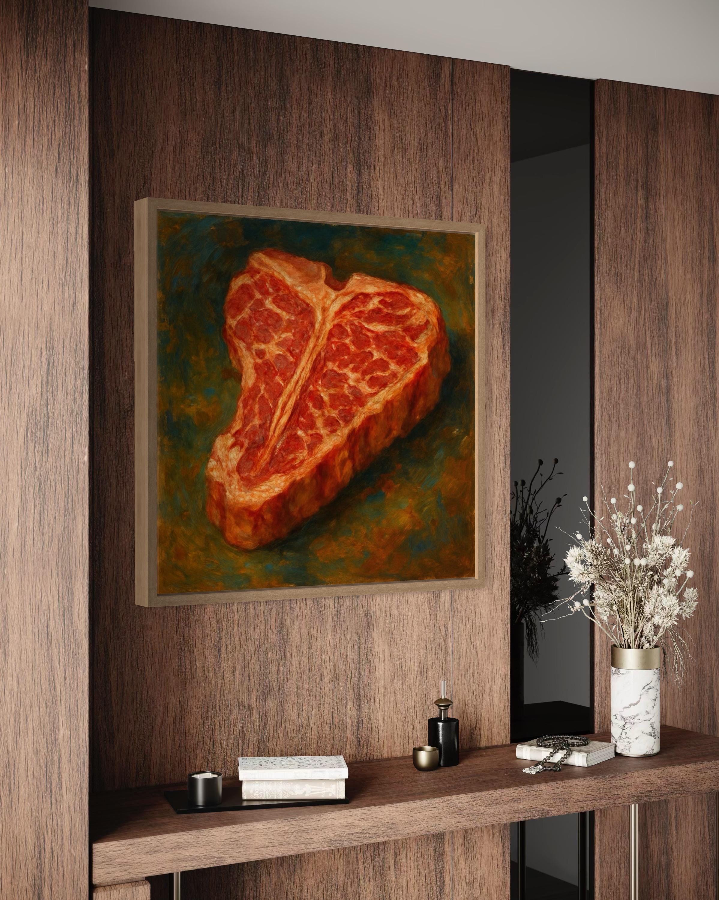 Painterly red-orange t-bone steak with marbled texture against a mottled green background detail view