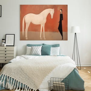 White Horse & Minimalist Woman Canvas Art – Modern Terracotta Figurative Painting, Mid-Century Boho Equine Wall Decor, Gift for Horse Lover image 9