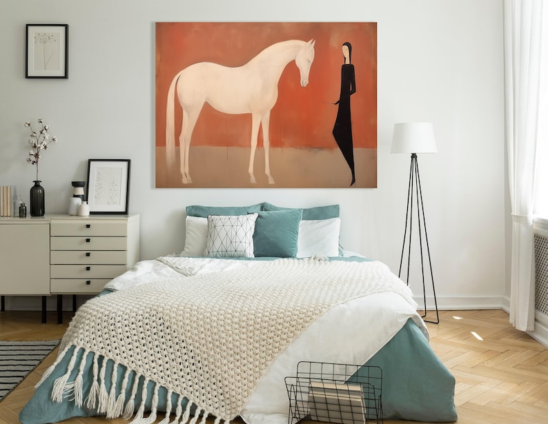 White Horse & Minimalist Woman Canvas Art – Modern Terracotta Figurative Painting, Mid-Century Boho Equine Wall Decor, Gift for Horse Lover image 9