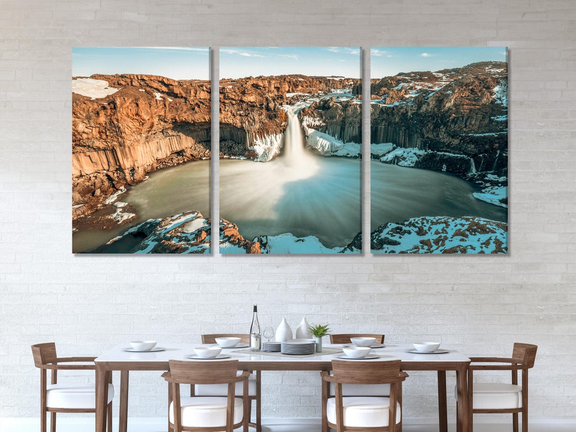 Multi-panel winter waterfall landscape showing white cascades over icy blue river pools and dark cliff rocks detail view
