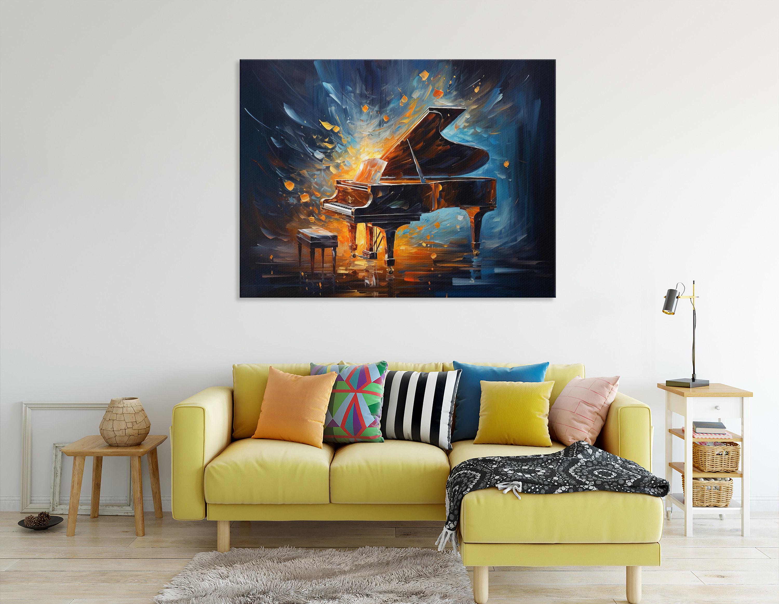 Dramatic grand piano artwork with amber glow and midnight blue flying fragments detail view