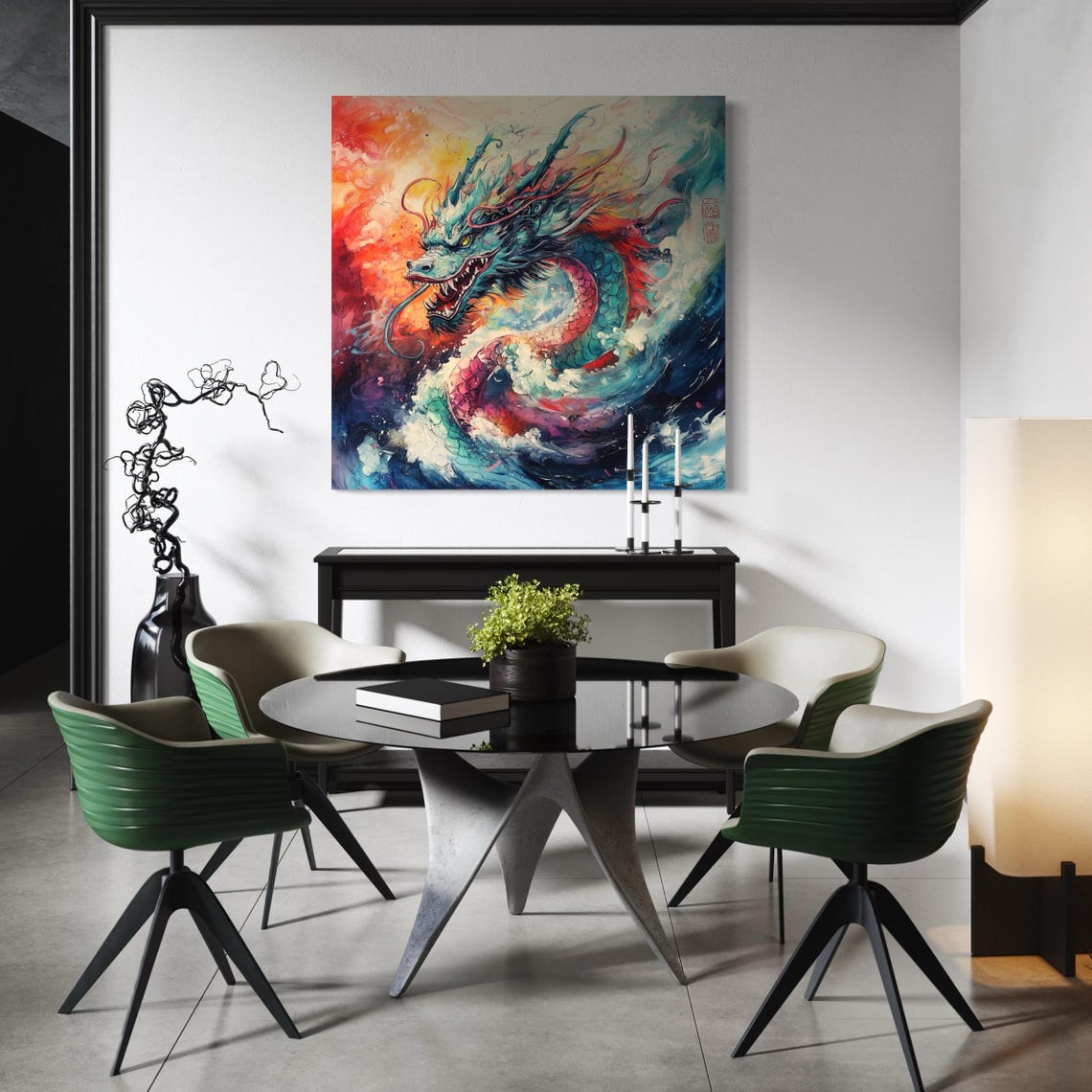 Colourful fantasy dragon with open mouth and teal scales, surrounded by swirling waves and fiery red-orange splashes detail view