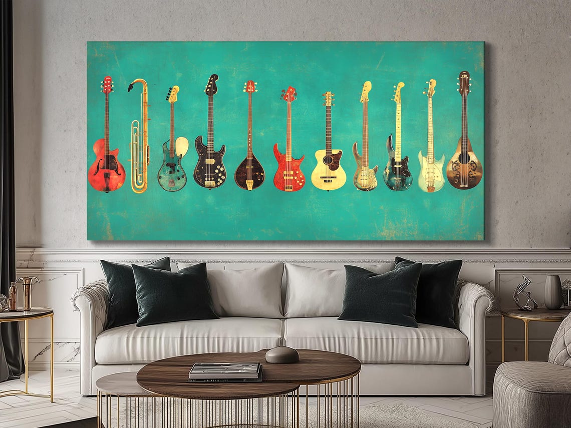Room mockup with three teal guitar artwork panels above a sofa
