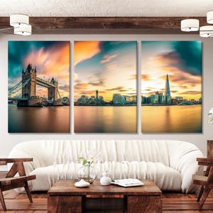 London Skyline Canvas Print, Tower Bridge and The Shard Wall Art, Large London Cityscape, Sunset over Thames River, Iconic British Art Print